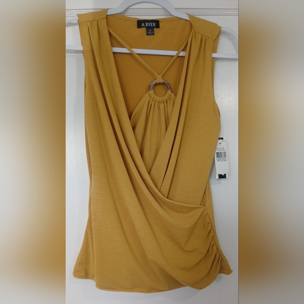 A. Byer Yellow Draped Sleeveless Blouse NWT